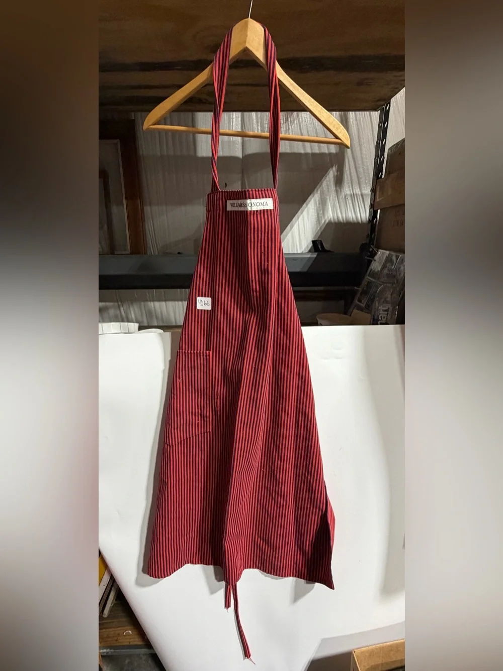 #4066-Williams Sonoma Red and Navy Striped Cotton Kitchen Apron
